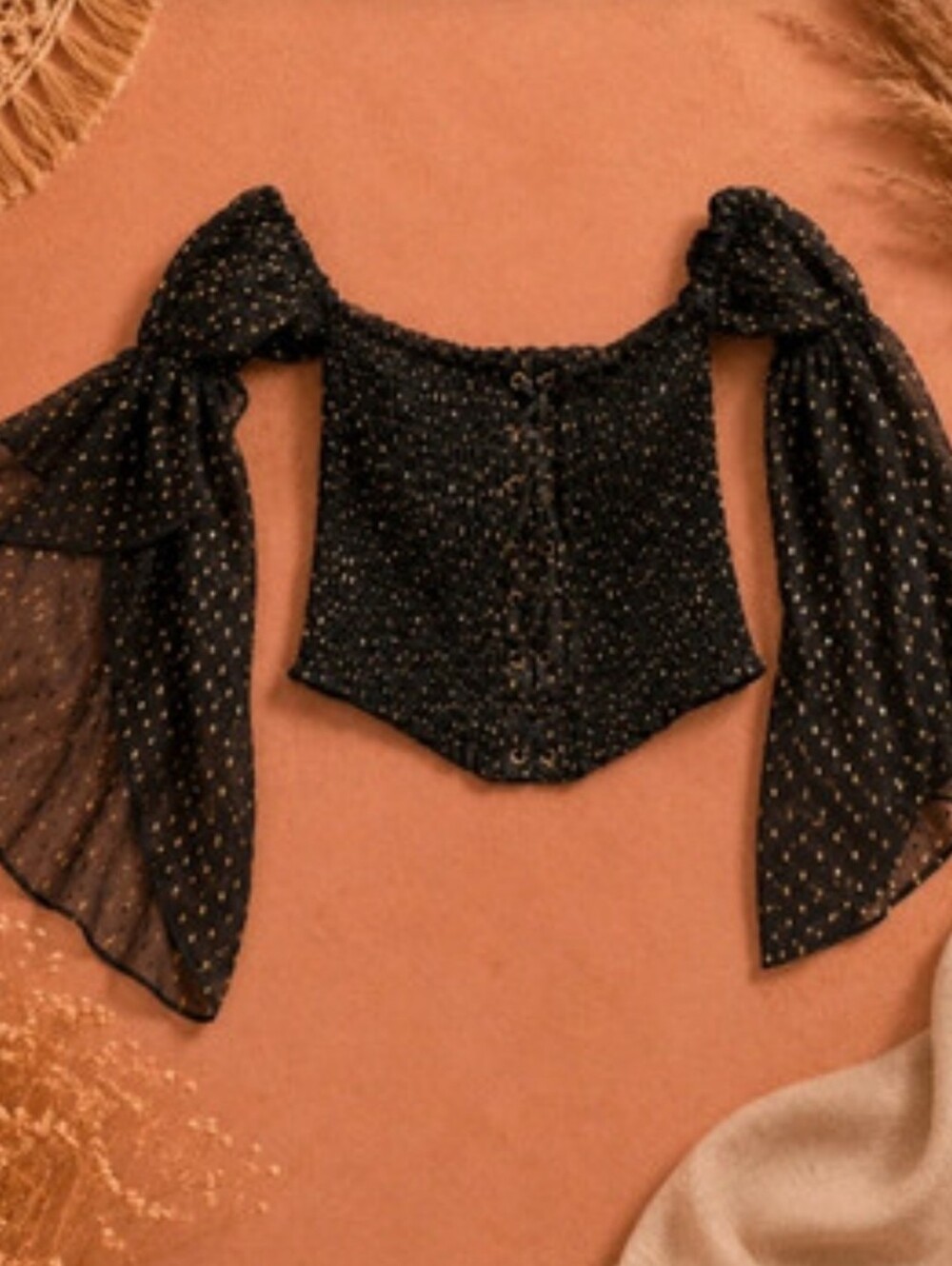 Charlotte Russe ~ Black & Gold Swiss Dot Corset Crop Top | Puff Tulip Sleeves